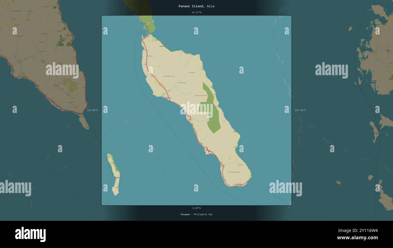Île de Panaon dans la mer des Philippines, appartenant aux Philippines, décrite et mise en évidence sur une carte topographique de style humanitaire OSM Banque D'Images