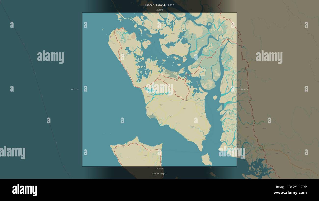 Île Ramree dans la baie du Bengale, appartenant au Myanmar, décrite et mise en évidence sur une carte topographique de style humanitaire OSM Banque D'Images