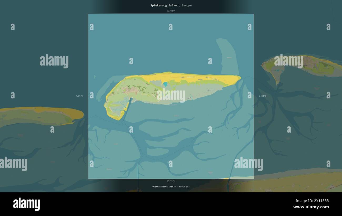 L’île Spiekeroog en mer du Nord, appartenant à l’Allemagne, décrite et mise en évidence sur une carte topographique de style humanitaire OSM Banque D'Images
