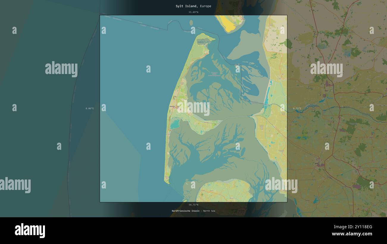 L'île Sylt en mer du Nord, appartenant à l'Allemagne, décrite et mise en évidence sur une carte topographique de style humanitaire OSM Banque D'Images