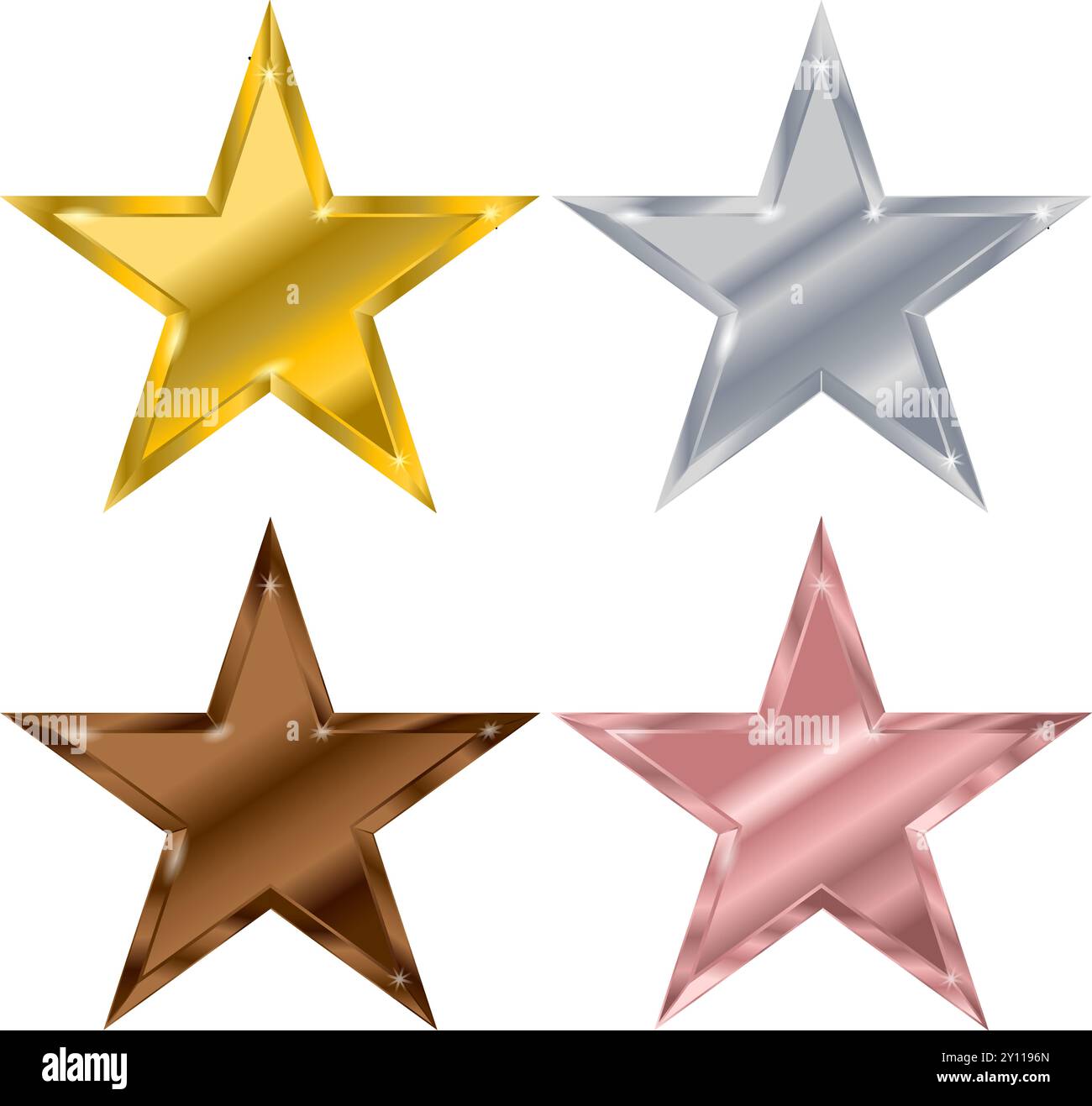 Ensemble d'étoiles de couleur métallique en or, argent, bronze et or rose avec des remplissages dégradés Illustration de Vecteur