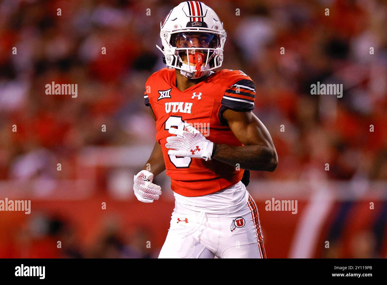 Dorian Singer #3 des Utah Utes s'alignera pendant la première mi-temps contre les Southern Utah Thunderbirds au Rice Eccles Stadium le 29 août, Banque D'Images