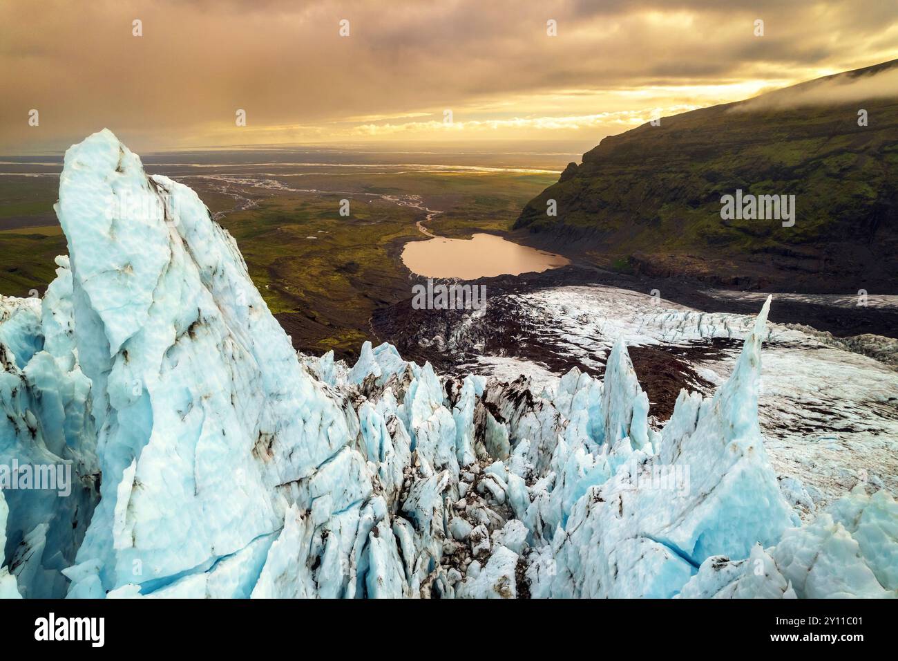 Été, aérien, aérien, glacier, rivière, lac, montagnes, Islande, Europe Banque D'Images