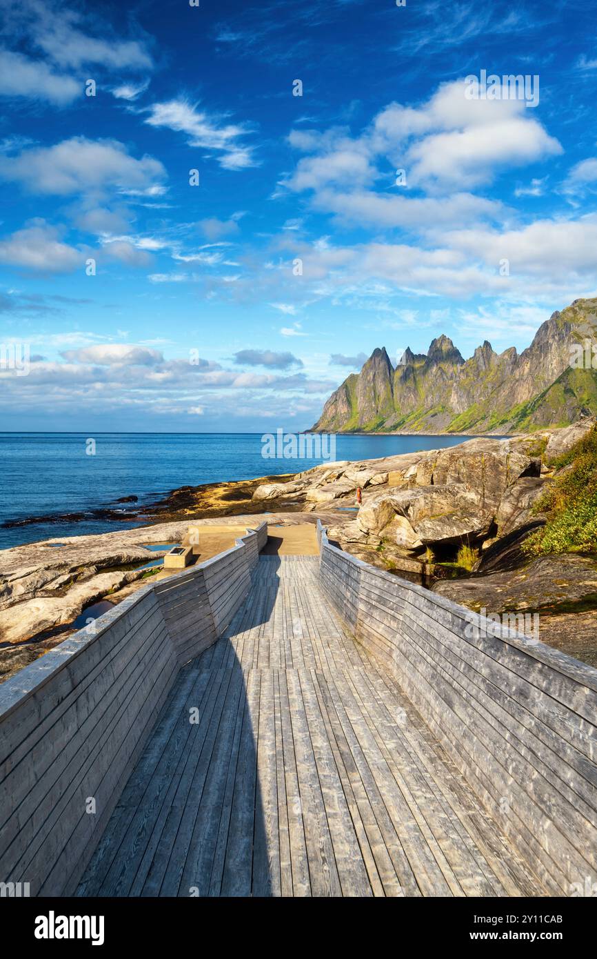 Été, plage, dents de dragon, montagnes, baie, fjord, Ersfjord, Senja, Skaland, Norvège, Europe Banque D'Images