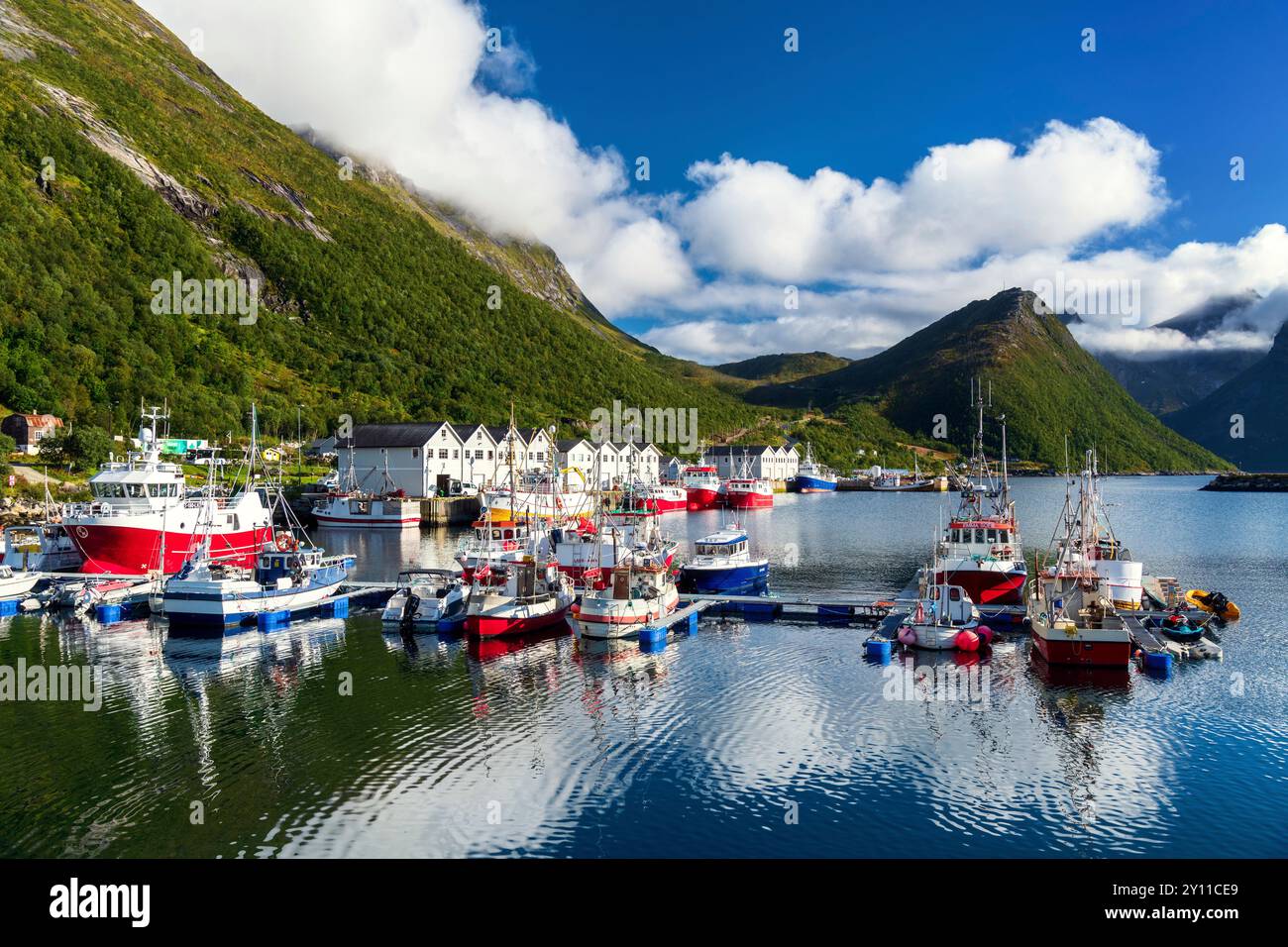 Été, île, port, jetée, bateaux, montagnes, côte, Husoy, fjord, Senja, Skaland, Norvège, Europe Banque D'Images
