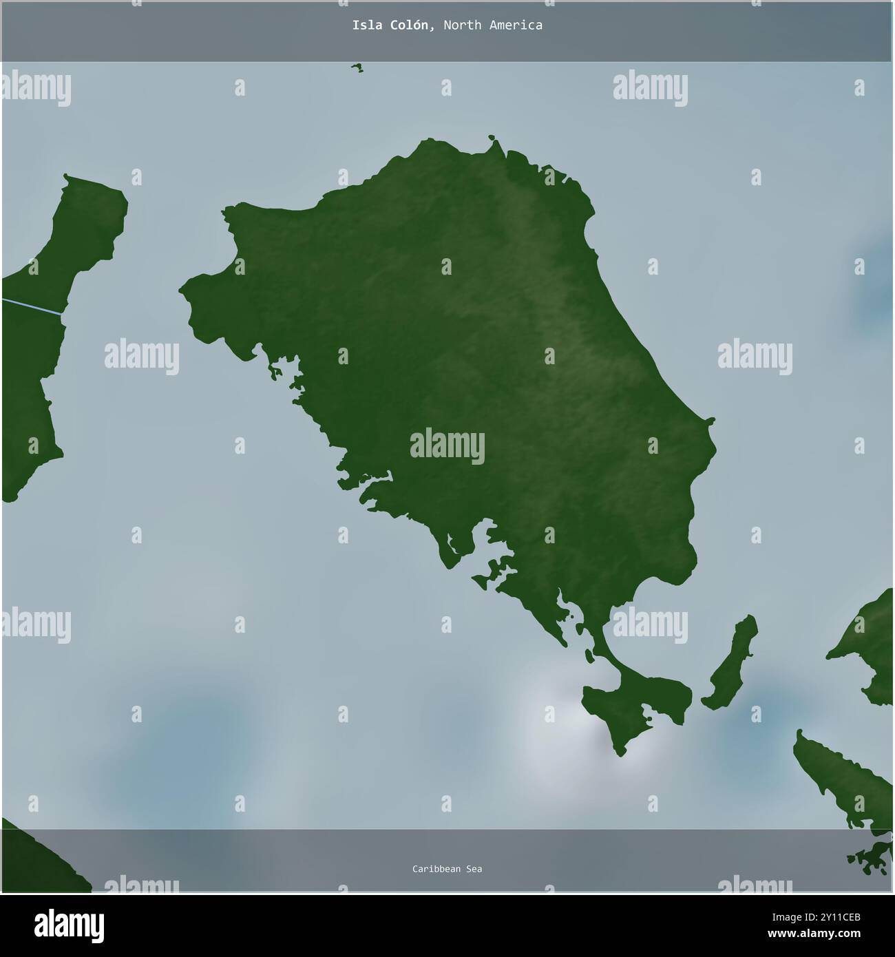 Isla Colon dans la mer des Caraïbes, appartenant au Panama, recadrée en carré sur une carte d'altitude colorée Banque D'Images