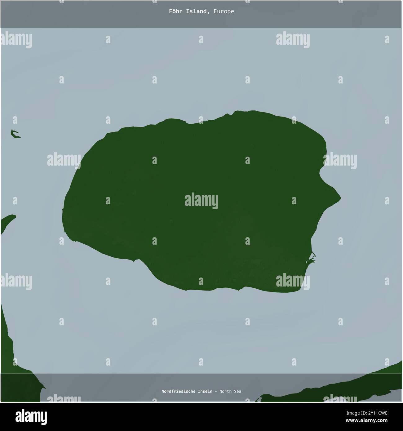 Île Fohr dans la mer du Nord, appartenant à l'Allemagne, coupée en carré sur une carte d'altitude en couleur Banque D'Images