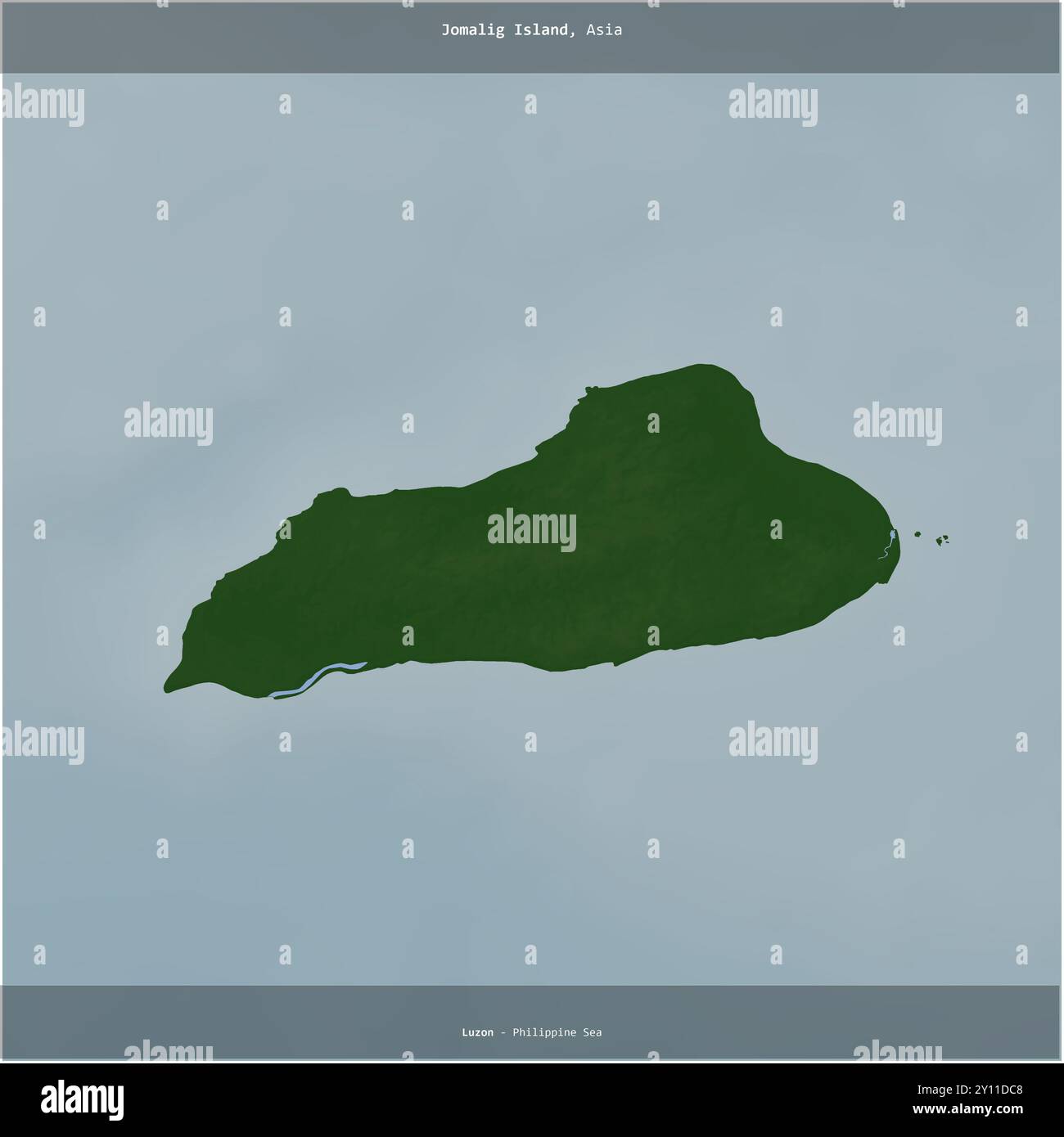 L'île de Jomalig dans la mer des Philippines, appartenant aux Philippines, a été recadrée au carré sur une carte d'altitude colorée Banque D'Images