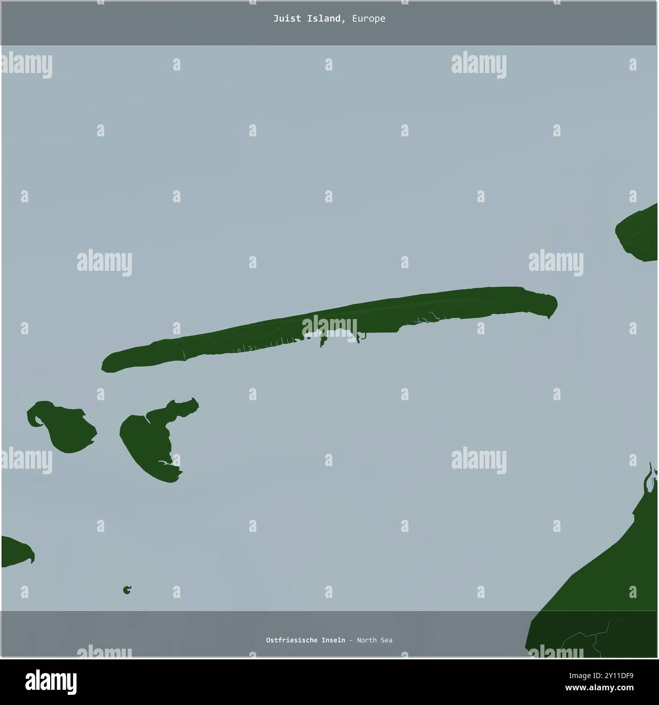 Île de Juist dans la mer du Nord, appartenant à l'Allemagne, coupée en carré sur une carte d'altitude en couleur Banque D'Images