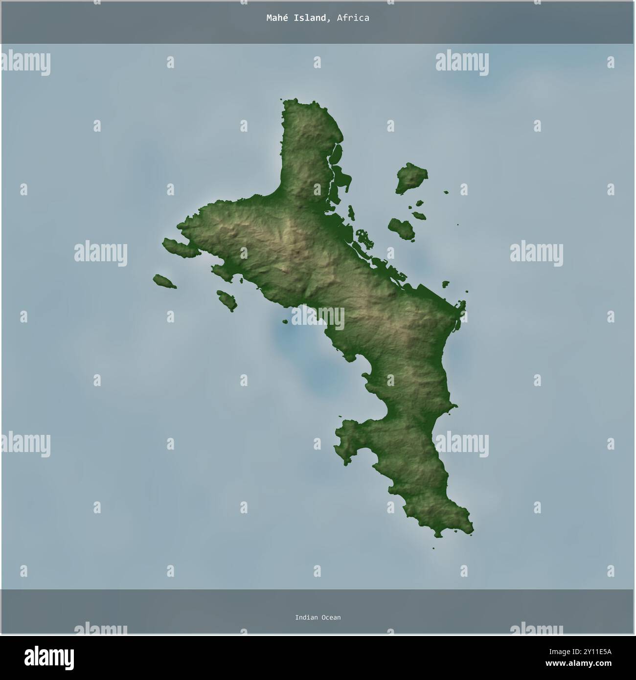 Île de Mahé dans l'océan Indien, appartenant aux Seychelles, recadrée en carré sur une carte d'altitude en couleur Banque D'Images