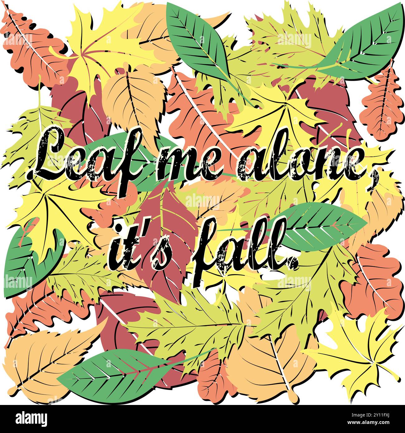 L'automne laisse de l'humour - 'Leaf me alone. Cette image vibrante capture l'essence de l'automne avec une touche ludique. Une variété de feuilles d'automne dans des tons chauds Illustration de Vecteur