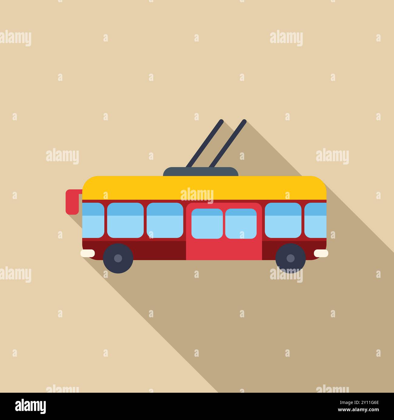 Trolleybus rouge conduisant avec des portes ouvertes dans un design plat avec une longue ombre sur fond beige Illustration de Vecteur