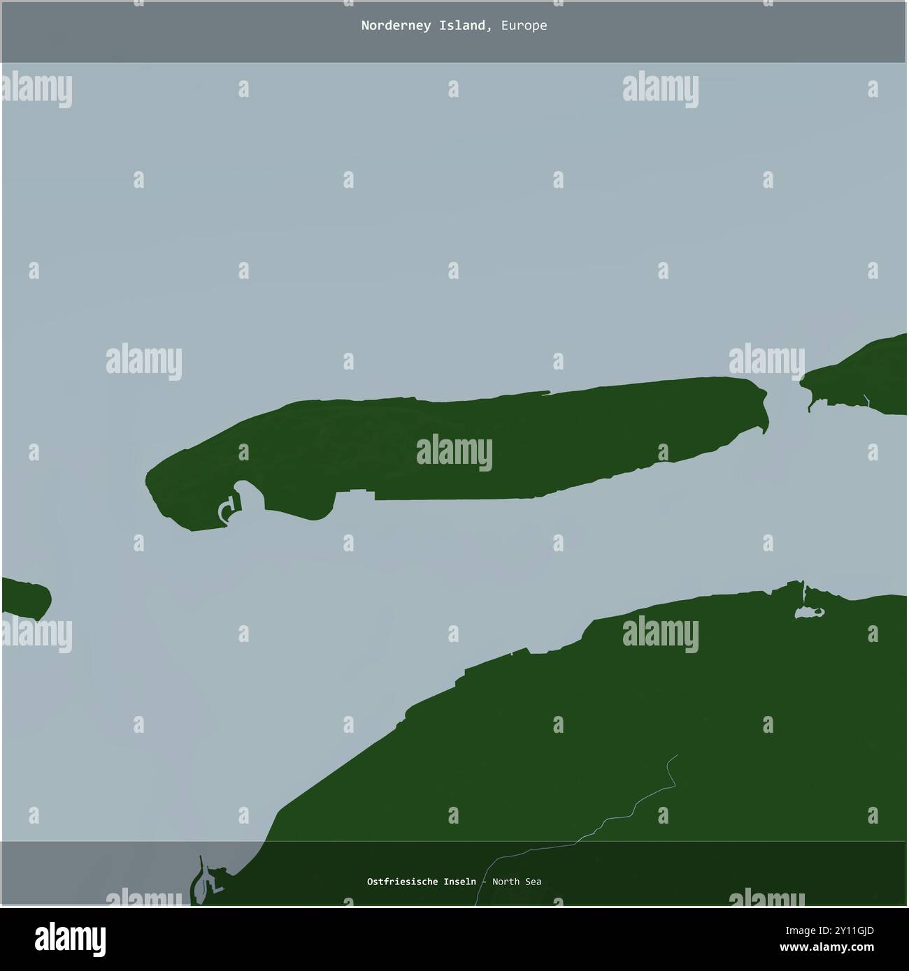 Norderney Island dans la mer du Nord, appartenant à l'Allemagne, coupée en carré sur une carte d'altitude en couleur Banque D'Images