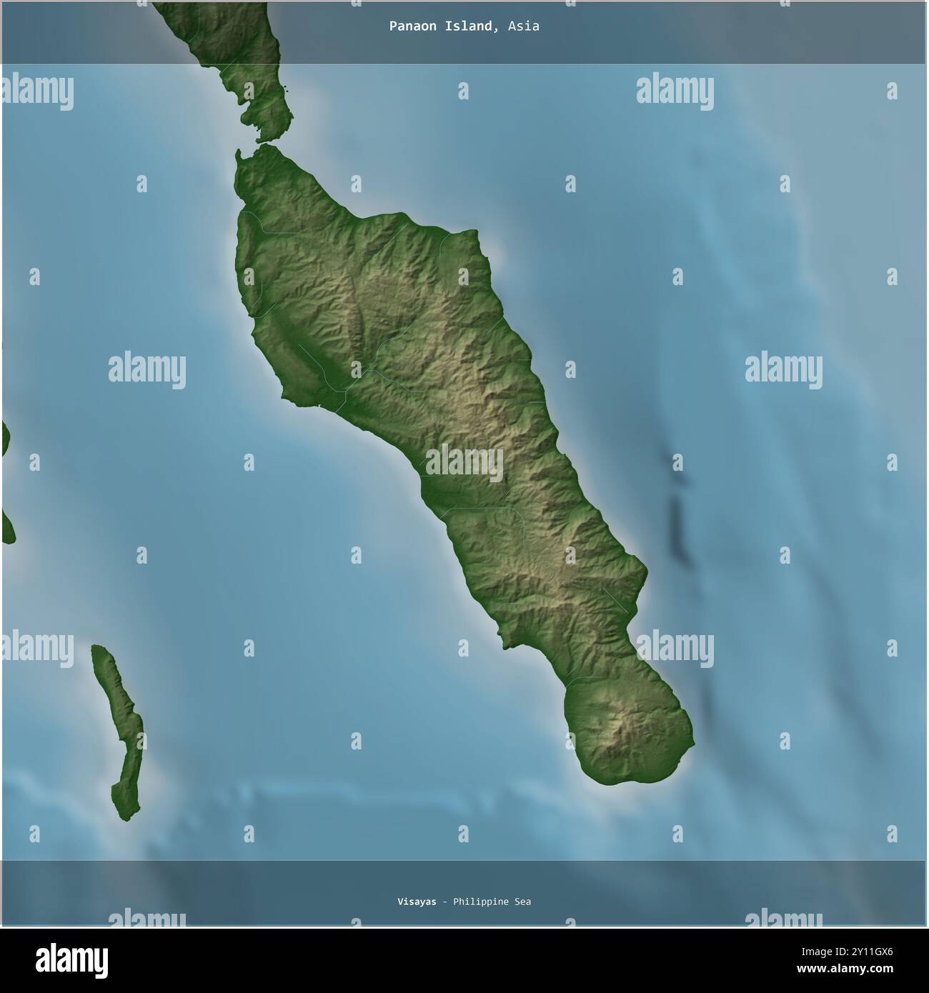 Île de Panaon dans la mer des Philippines, appartenant aux Philippines, coupée en carré sur une carte d'altitude en couleur Banque D'Images