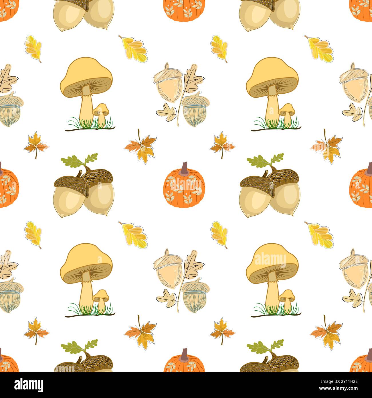 Ce motif vibrant capture l'essence de l'automne. Il présente des champignons jaunes dorés, des citrouilles orange vif et une variété de feuilles multicolores Illustration de Vecteur