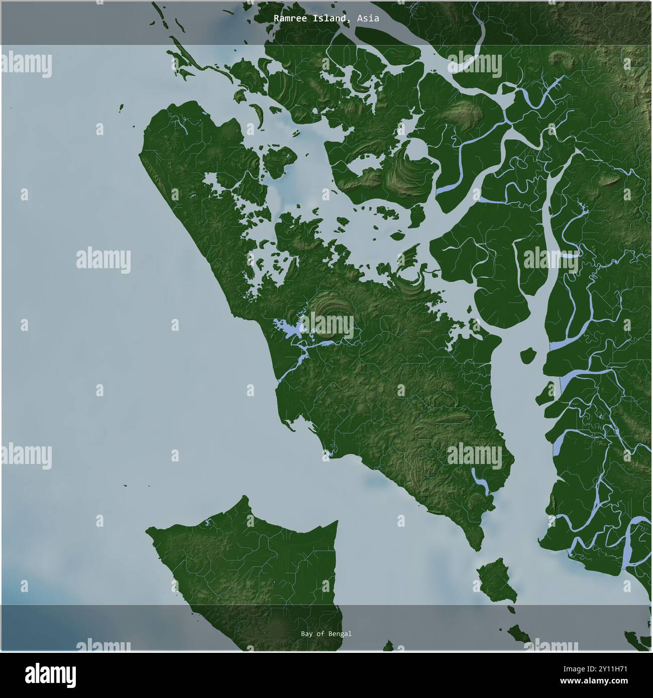 Île Ramree dans la baie du Bengale, appartenant au Myanmar, recadrée en carré sur une carte d'altitude en couleur Banque D'Images