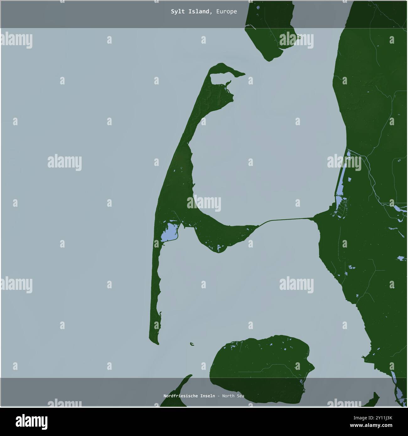 Sylt Island dans la mer du Nord, appartenant à l'Allemagne, coupée en carré sur une carte d'altitude en couleur Banque D'Images