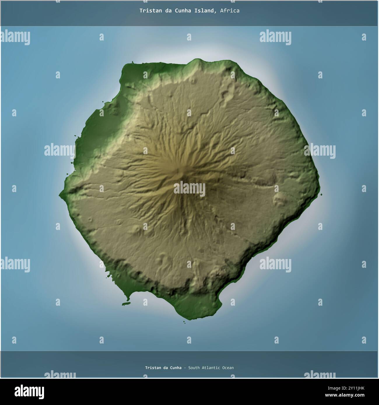 Île de Tristan da Cunha dans l'océan Atlantique Sud, appartenant à Sainte-Hélène, Ascension et Tristan da Cunha, coupée en carré sur un elevati coloré Banque D'Images