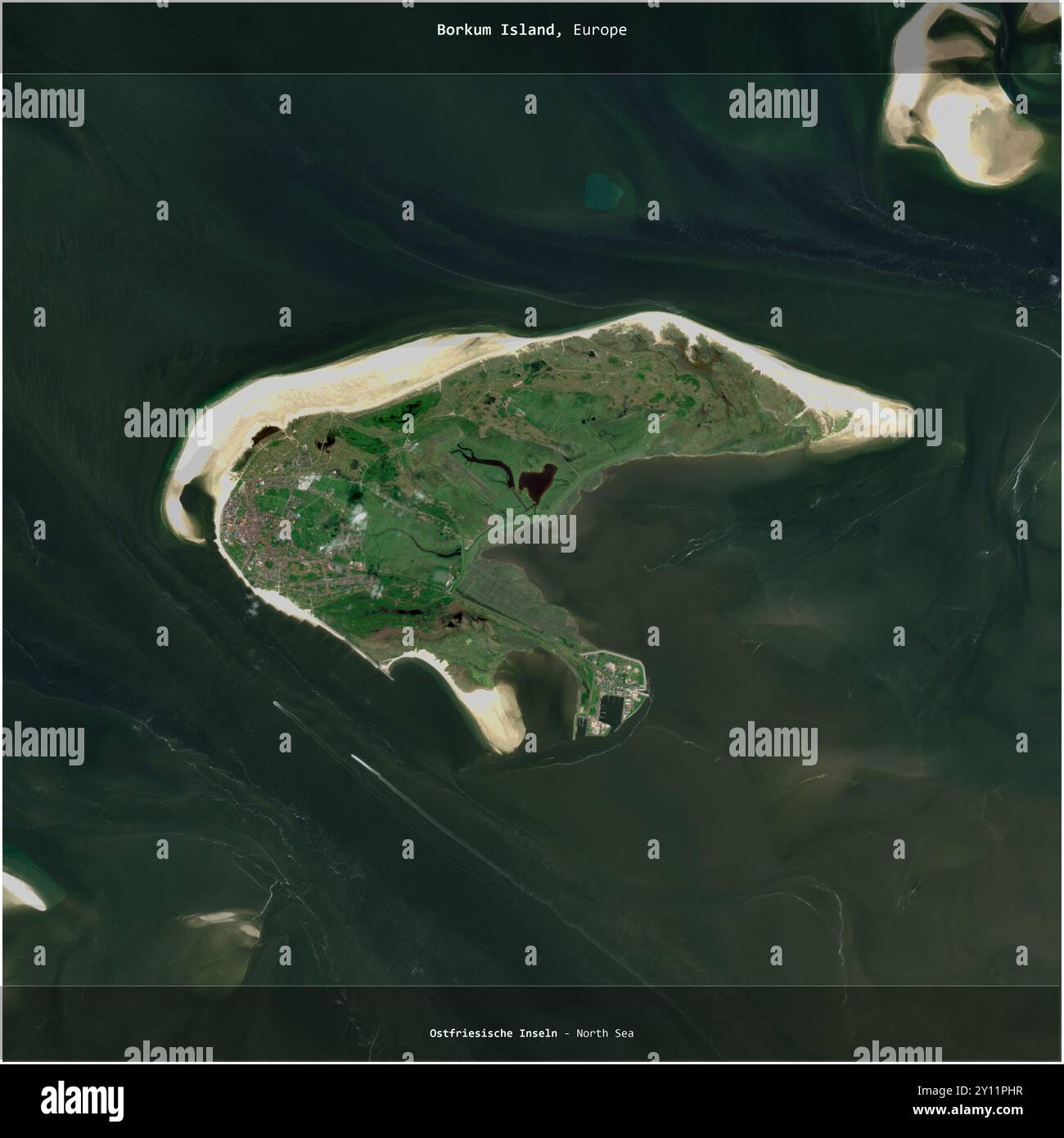 L'île de Borkum en mer du Nord, appartenant à l'Allemagne, a été recadrée au carré sur une image satellite prise le 11 mai 2024 Banque D'Images