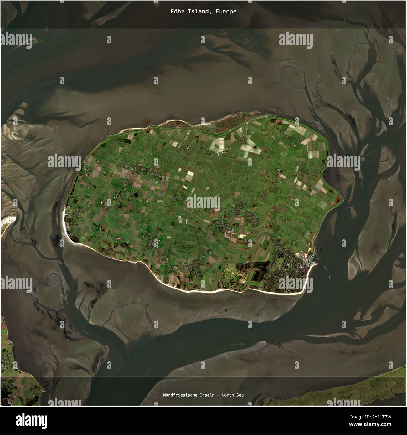 L'île Fohr en mer du Nord, appartenant à l'Allemagne, a été recadrée au carré sur une image satellite prise le 26 février 2023 Banque D'Images