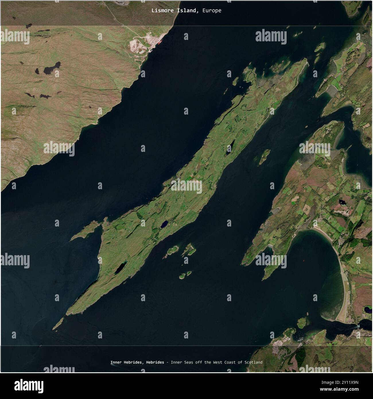 Île Lismore, dans les mers intérieures, au large de la côte ouest de l'Écosse, appartenant au Royaume-Uni, recadrée au carré sur une image satellite prise le 4 juin, Banque D'Images