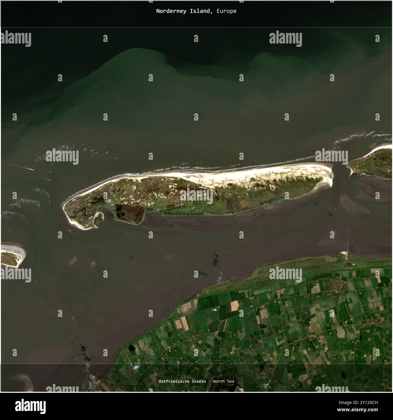 L'île Norderney en mer du Nord, appartenant à l'Allemagne, a été recadrée au carré sur une image satellite prise le 2 avril 2023 Banque D'Images