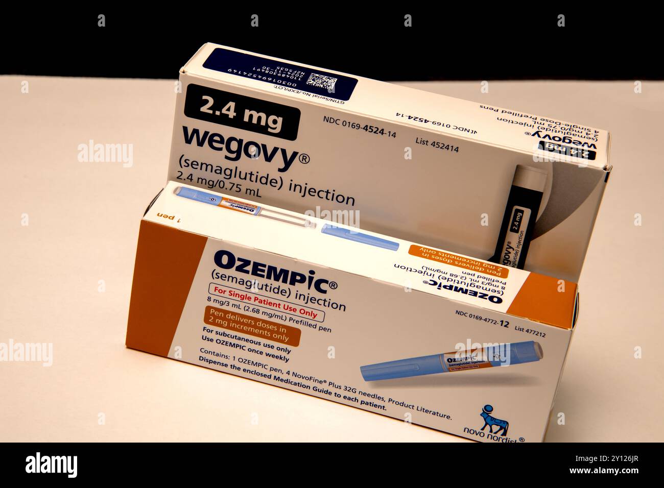 Nature morte d'Ozempic et Wegovy. Les deux sont des médicaments injectables de perte de poids sur ordonnance. Banque D'Images