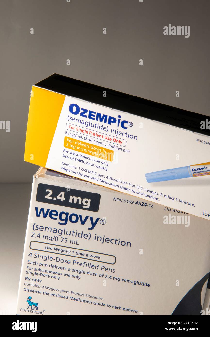 Nature morte d'Ozempic et Wegovy. Les deux sont des médicaments injectables de perte de poids sur ordonnance. Banque D'Images