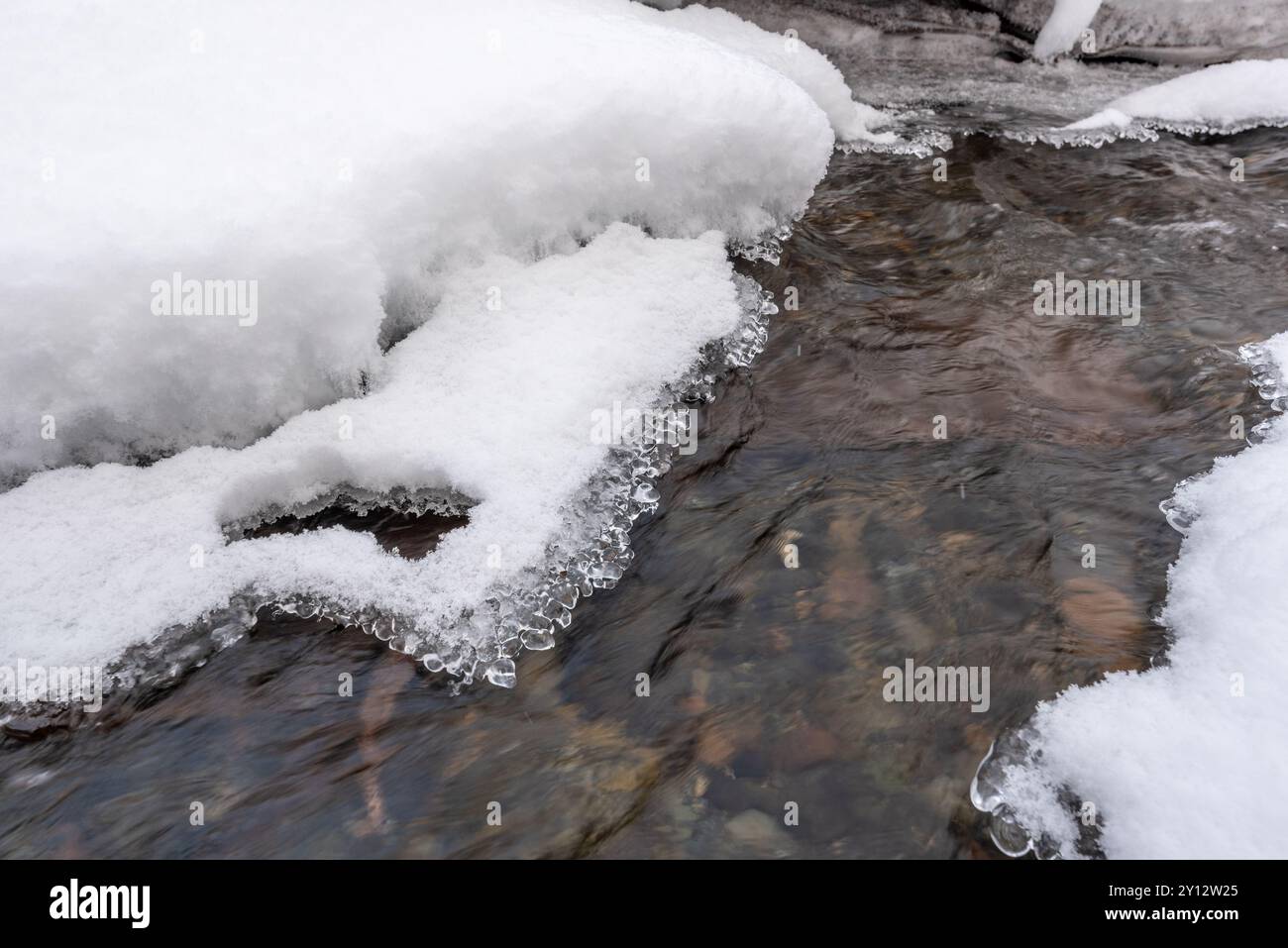 Un pays des merveilles hivernales vu dans le nord du Canada, territoire du Yukon pendant la saison froide glaciale avec de la neige profonde le long d'une rivière sauvage, ruisseau. Banque D'Images