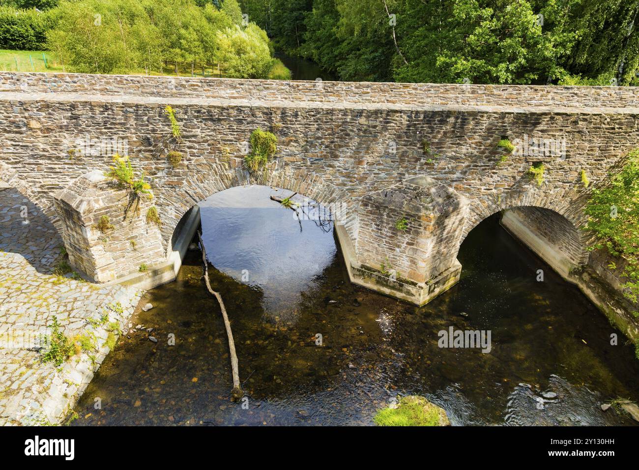 Vieux pont Mulde Pont de pierre construit en 1501 à côté de la route normale du village, les randonneurs et les cyclistes trouveront un pont de pierre historique. Le vieux Mulde hybride Banque D'Images