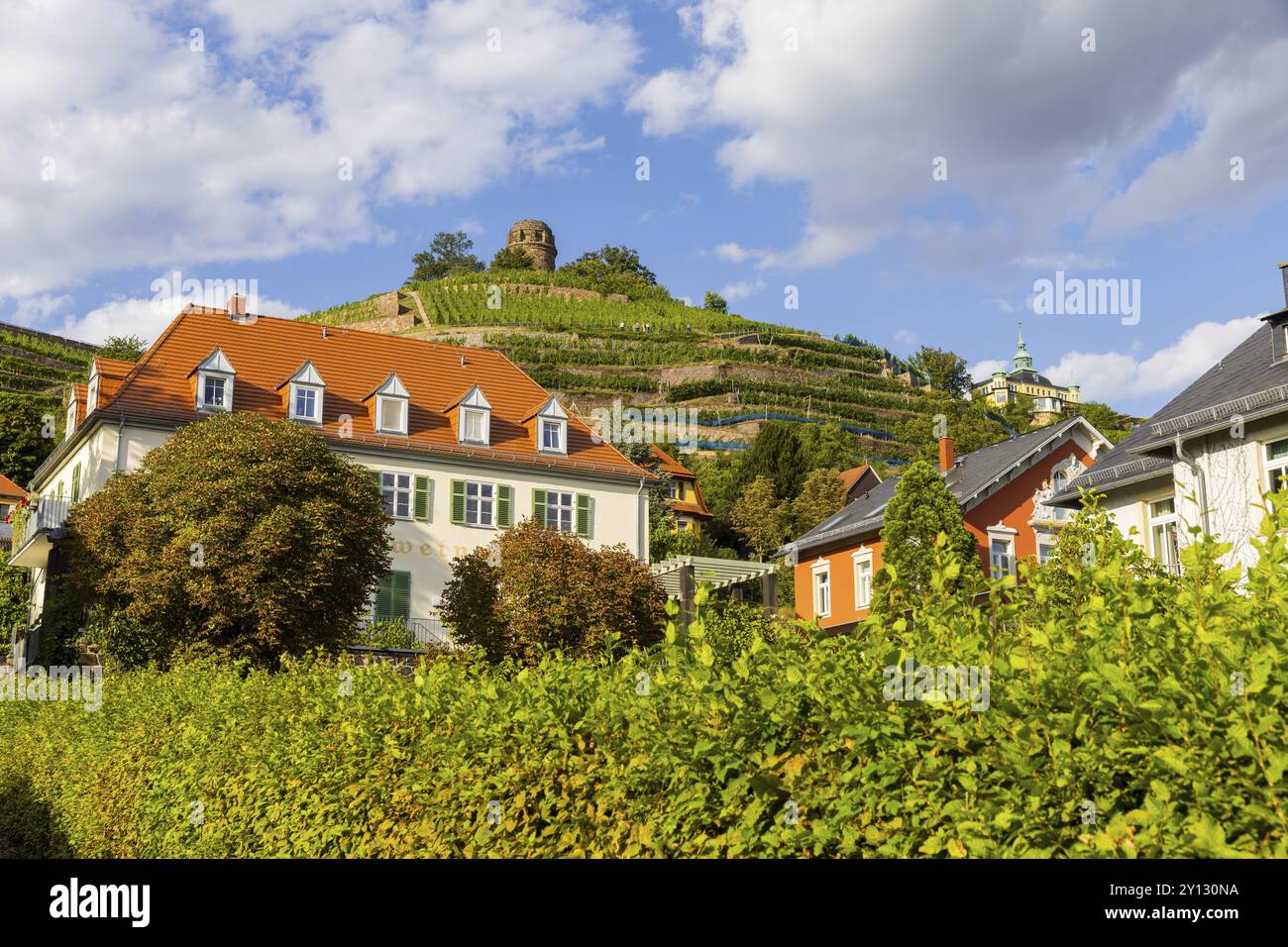 Weingut am Goldenen Wagen. Le Spitzhaus est une ancienne résidence d'été située dans la ville saxonne de Radebeul. Le bâtiment, qui peut être vu de loin, est loc Banque D'Images