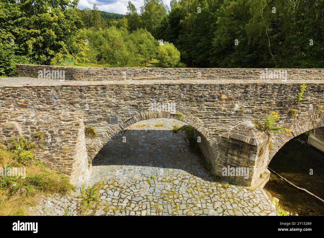 Vieux pont Mulde Pont de pierre construit en 1501 à côté de la route normale du village, les randonneurs et les cyclistes trouveront un pont de pierre historique. Le vieux Mulde hybride Banque D'Images