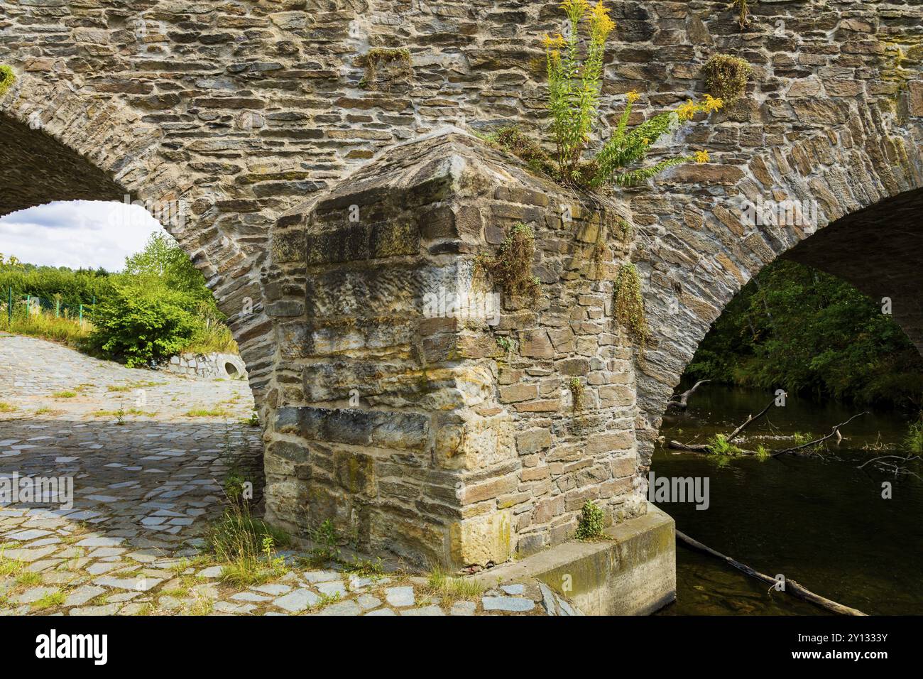 Vieux pont Mulde Pont de pierre construit en 1501 à côté de la route normale du village, les randonneurs et les cyclistes trouveront un pont de pierre historique. Le vieux Mulde hybride Banque D'Images