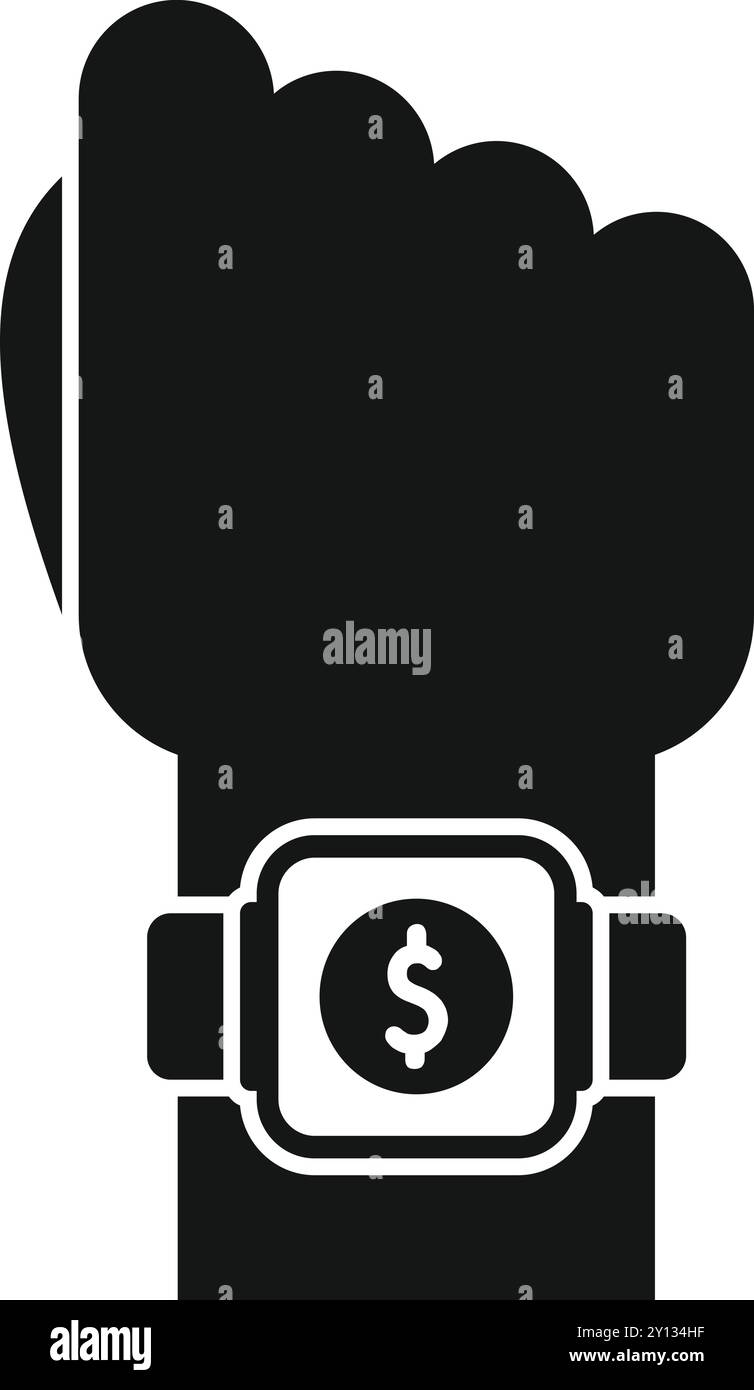 Icône noire et blanche d'une main portant une smartwatch avec un signe dollar sur l'écran, représentant les paiements mobiles Illustration de Vecteur