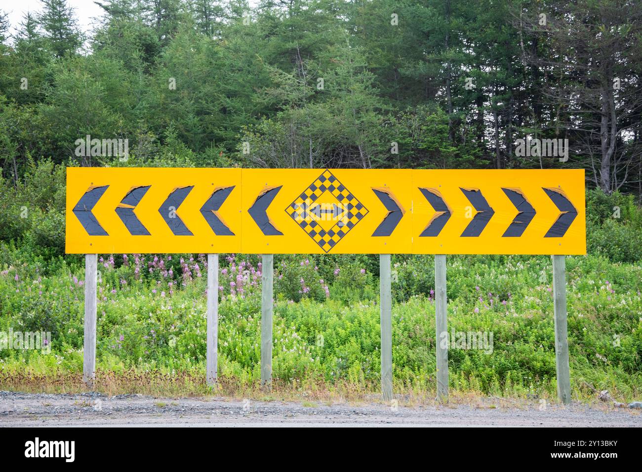 Panneau de signalisation à deux voies sur la route transcanadienne à Goobies, Terre-Neuve-et-Labrador, Canada Banque D'Images