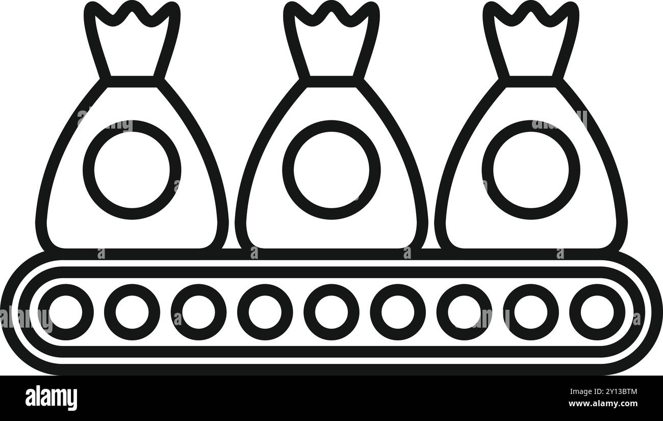 Bande transporteuse transportant trois sacs icône, style de contour Illustration de Vecteur