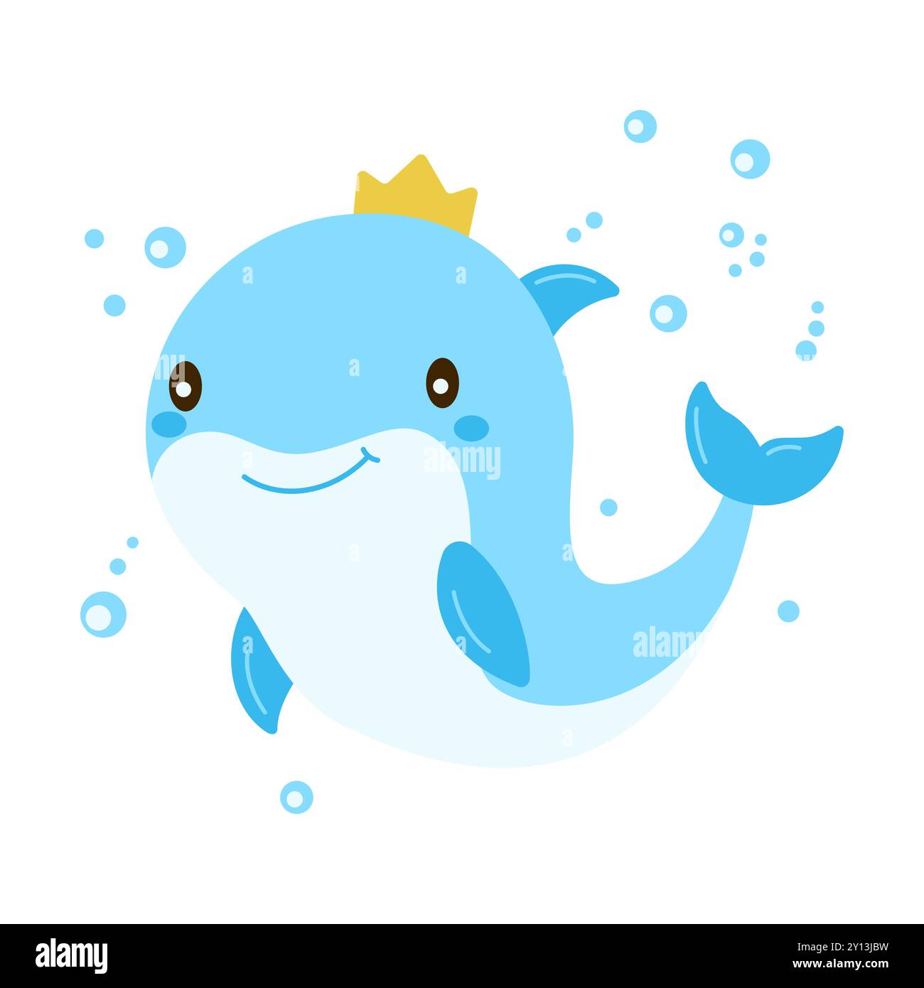 Mignon personnage de dessin animé de dauphin portant Couronne nageant dans la mer avec Happy expression Illustration de Vecteur