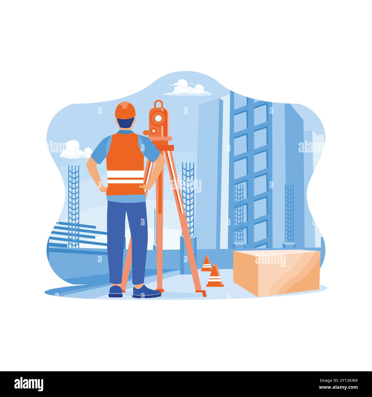 Arpenteur constructeur ingénieur avec équipement de transport théodolite sur le chantier de construction pendant les travaux d'arpentage. L'ingénieur constructeur porte un gilet de sécurité et un casque Illustration de Vecteur