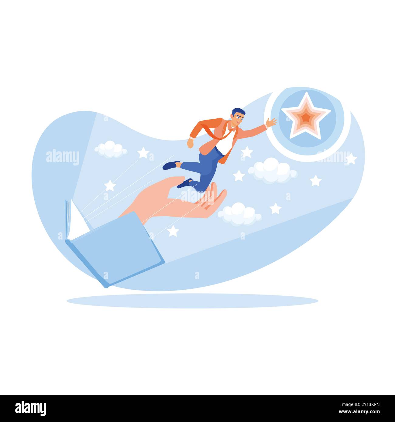 Livre ouvert avec les mains tenant un homme essayant d'atteindre les étoiles dans le ciel. Concept de motivation vers le succès. Concept de développement de carrière. tendance à plat Illustration de Vecteur
