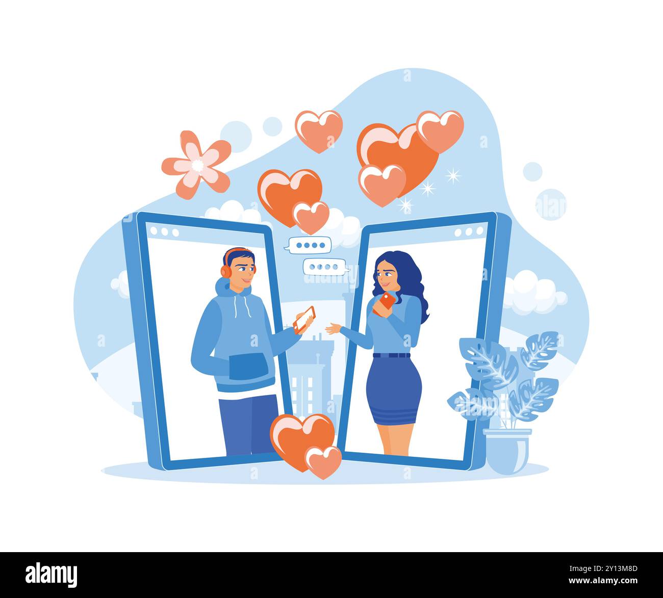 Un couple célèbre la Saint-Valentin en ligne. Couple effectuant des appels vidéo via smartphone. Concept de relations virtuelles. Illustration vectorielle plate. Illustration de Vecteur