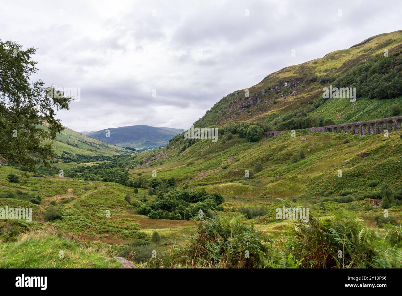 Le vieux viaduc de pierre Glen Ogle se trouve perché au-dessus d'une vallée luxuriante et verdoyante de végétation à Crianlarich, en Écosse, au Royaume-Uni. Banque D'Images