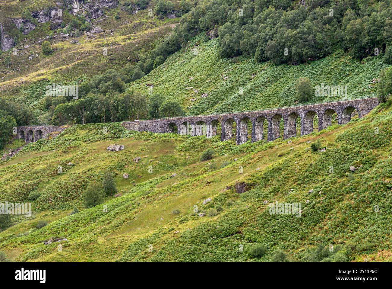 Gros plan du vieux viaduc Glen Ogle en pierre qui traverse une colline verdoyante à Crianlarich, en Écosse, au Royaume-Uni. Banque D'Images
