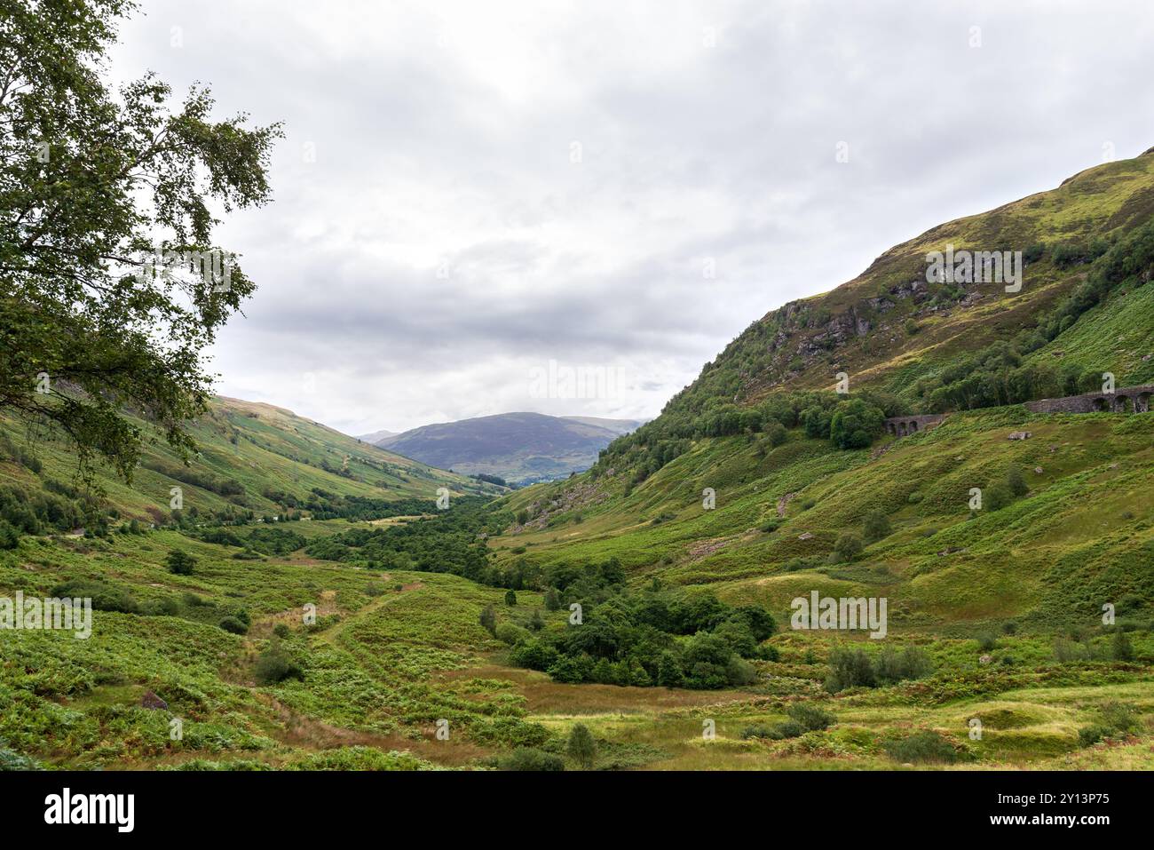 Le vieux viaduc de pierre Glen Ogle se trouve perché au-dessus d'une vallée luxuriante et verdoyante de végétation à Crianlarich, en Écosse, au Royaume-Uni. Banque D'Images