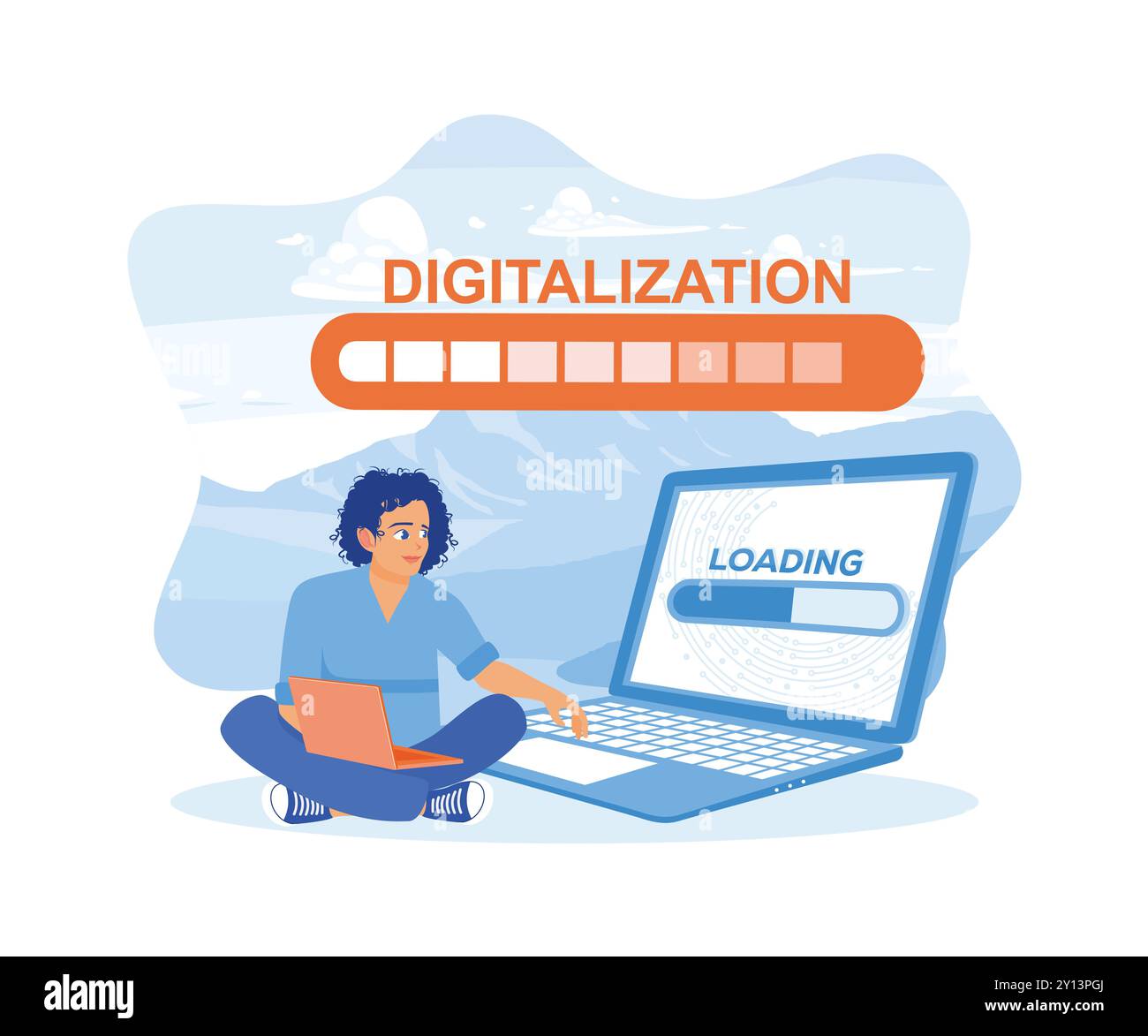 Homme à l'aide d'un ordinateur portable créant le concept de monde numérique. Mot de numérisation d'hologramme et icône d'élément de barre de chargement sur l'écran de l'ordinateur portable. Conc. D'entreprise numérique Illustration de Vecteur