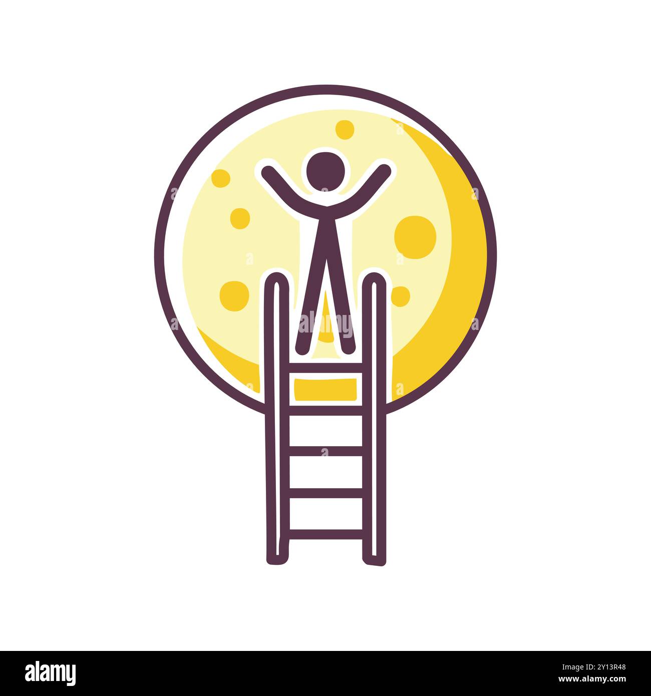 Personne sur la lune de l'échelle. Homme debout sur une échelle, atteignant la lune. Atteindre le succès, atteindre les objectifs. Illustration de Vecteur