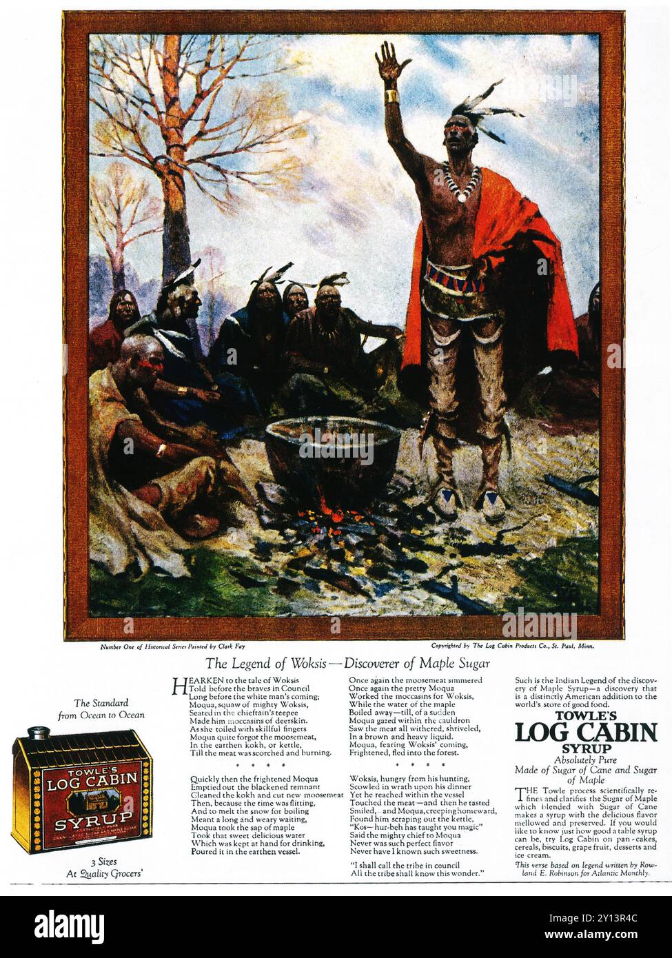 1921 Towle's Log Cabin Maple Syrup ad avec Clark Fay - légende de la peinture Woksis - « Woksis découvreur du sucre d'érable » Banque D'Images