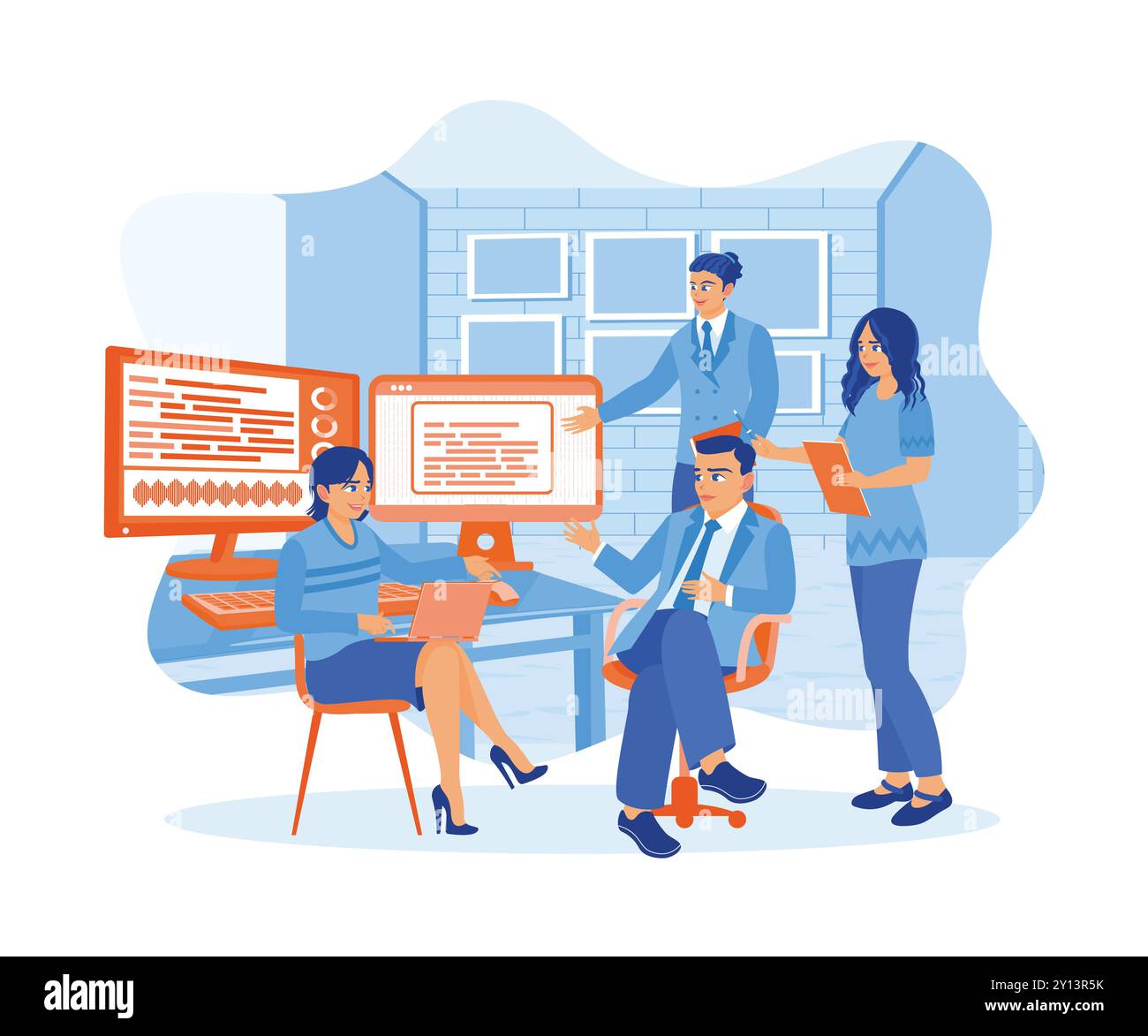 Un expert EN INFORMATIQUE discute avec plusieurs collègues du bureau. Discute de l'idée du logiciel ​​developing sur un ordinateur portable. Concept de développement D'APPLICATIONS. Plat Illustration de Vecteur