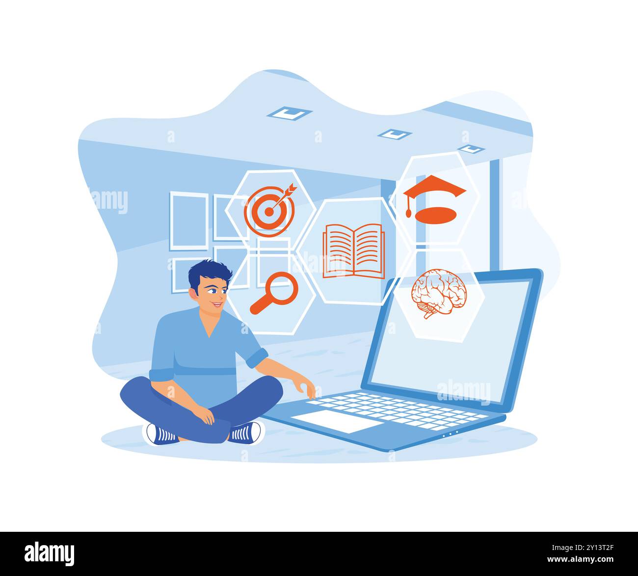 Homme utilisant un ordinateur portable pour prendre des leçons en ligne de la maison. Les icônes formation s'affichent sur l'écran de l'ordinateur portable. Concept d'éducation. Illustration vectorielle plate. Illustration de Vecteur