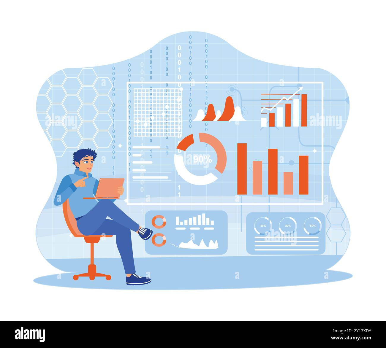 L'homme travaille à l'aide d'un ordinateur portable pour fournir des informations pour les indicateurs clés de performance (KPI). Analysez le marketing avec des graphiques, des graphiques et des données. Business i Illustration de Vecteur