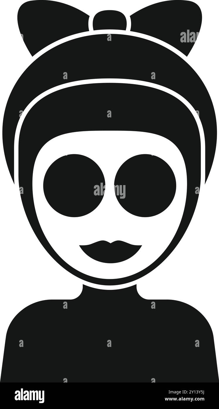 Icône vectorielle noir et blanc simple d'une femme portant un masque facial cosmétique avec un arc dans ses cheveux Illustration de Vecteur